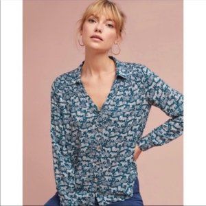 Maeve Anthropology Green Tiger Long Sleeve Button Down Shirt Womens Size 4
